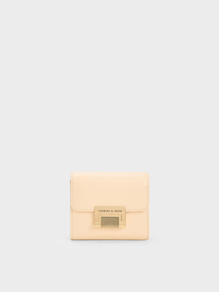 Freida 金屬釦摺疊短夾, 米黃色, hi-res