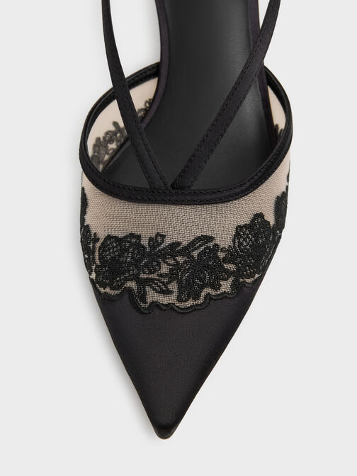 Satin Embroidered-Mesh Slingback Kitten Heels, Black Textured, hi-res