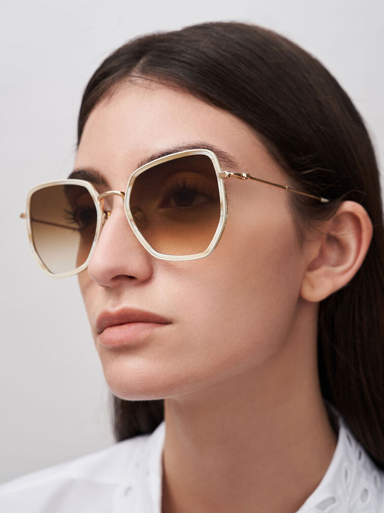Recycled Acetate Wire-Frame Butterfly Sunglasses, Cream, hi-res