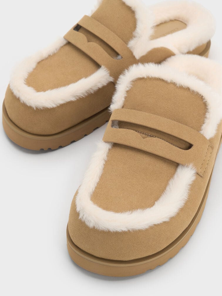 Recycled-Fur Flatform Mules, Sand, hi-res