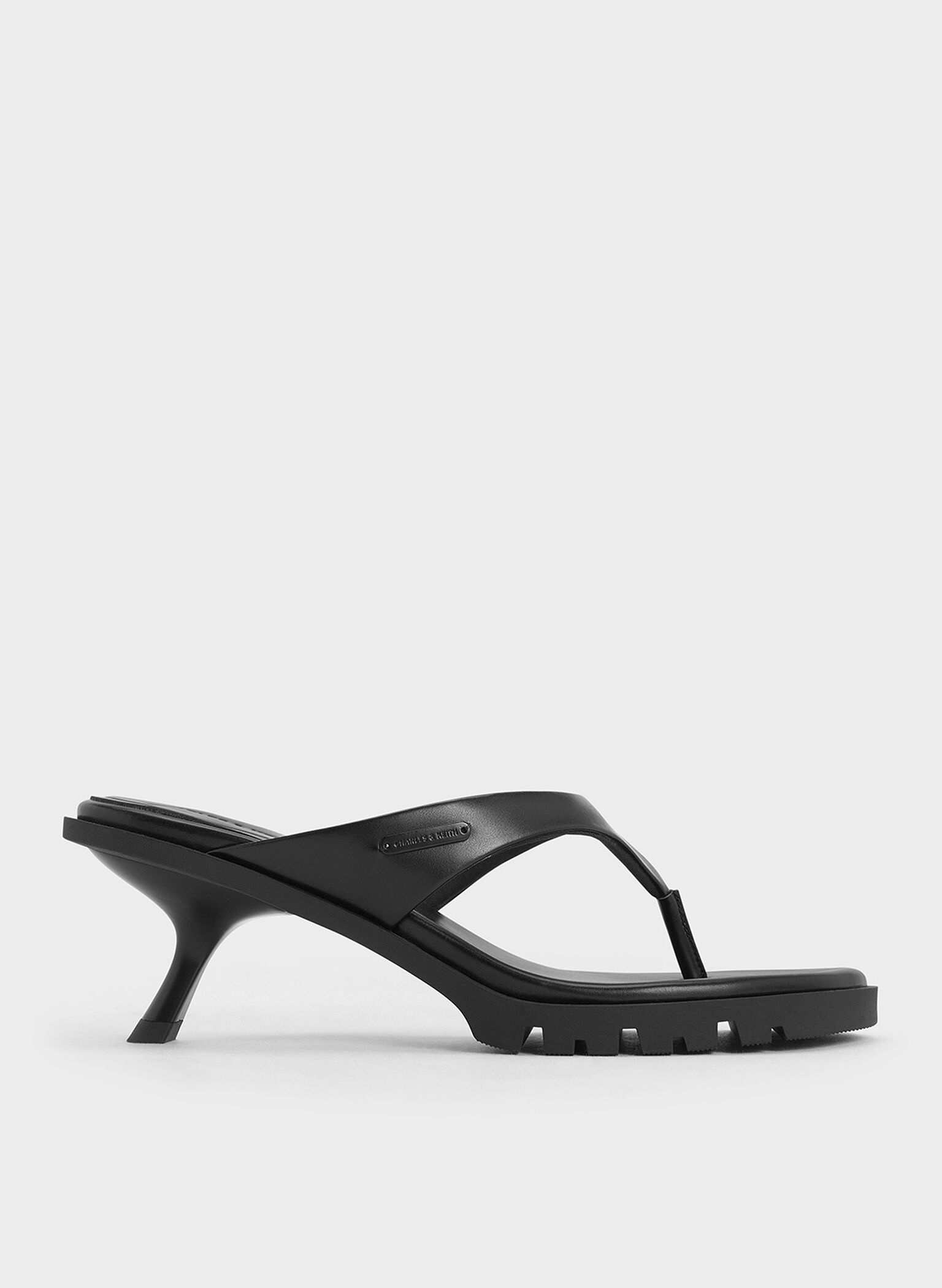 V-Strap Slant-Heel Thong Mules, Black, hi-res