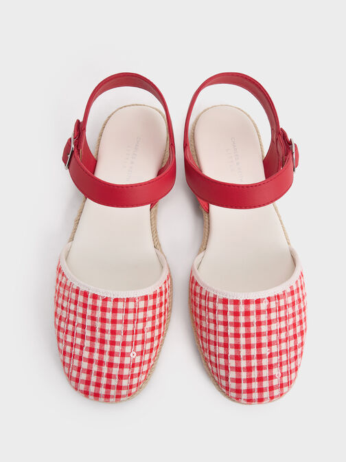 Girls' Gingham Espadrille Flats, Red, hi-res