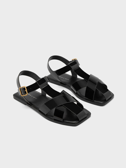 Patent Strappy Crossover Sandals, Black Patent, hi-res