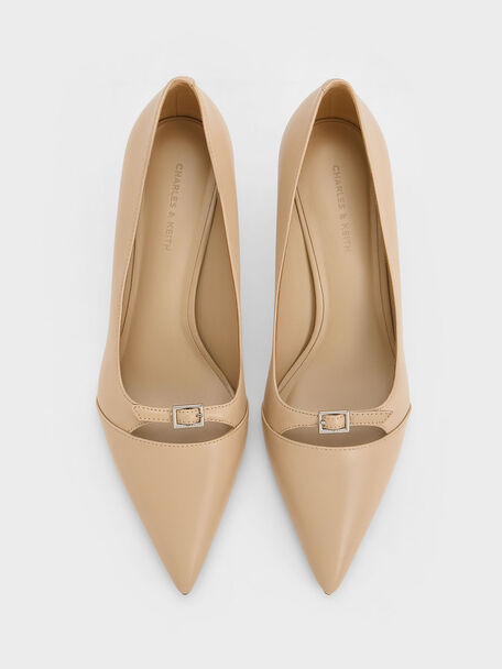 Buckle-Strap Pointed-Toe Pumps, Beige, hi-res