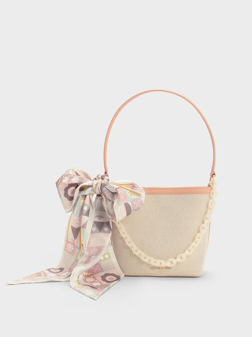 Bolso bombonera de lona con bufanda Alcott, Beige, hi-res