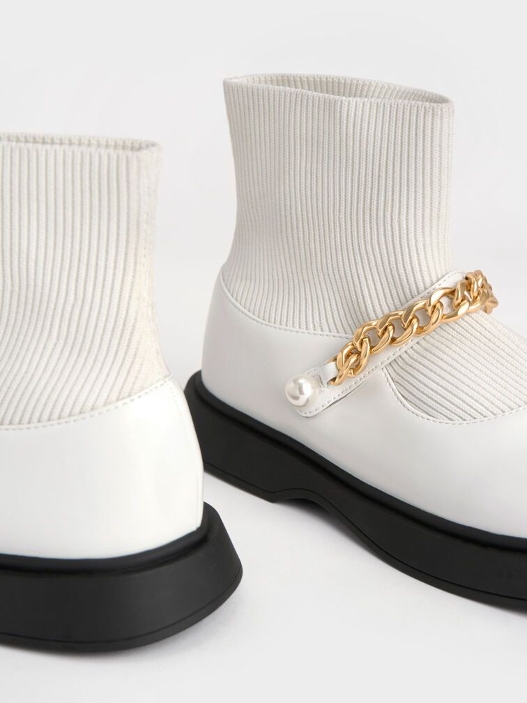 Girls' Chain-Link Knitted Sock Boots, White, hi-res