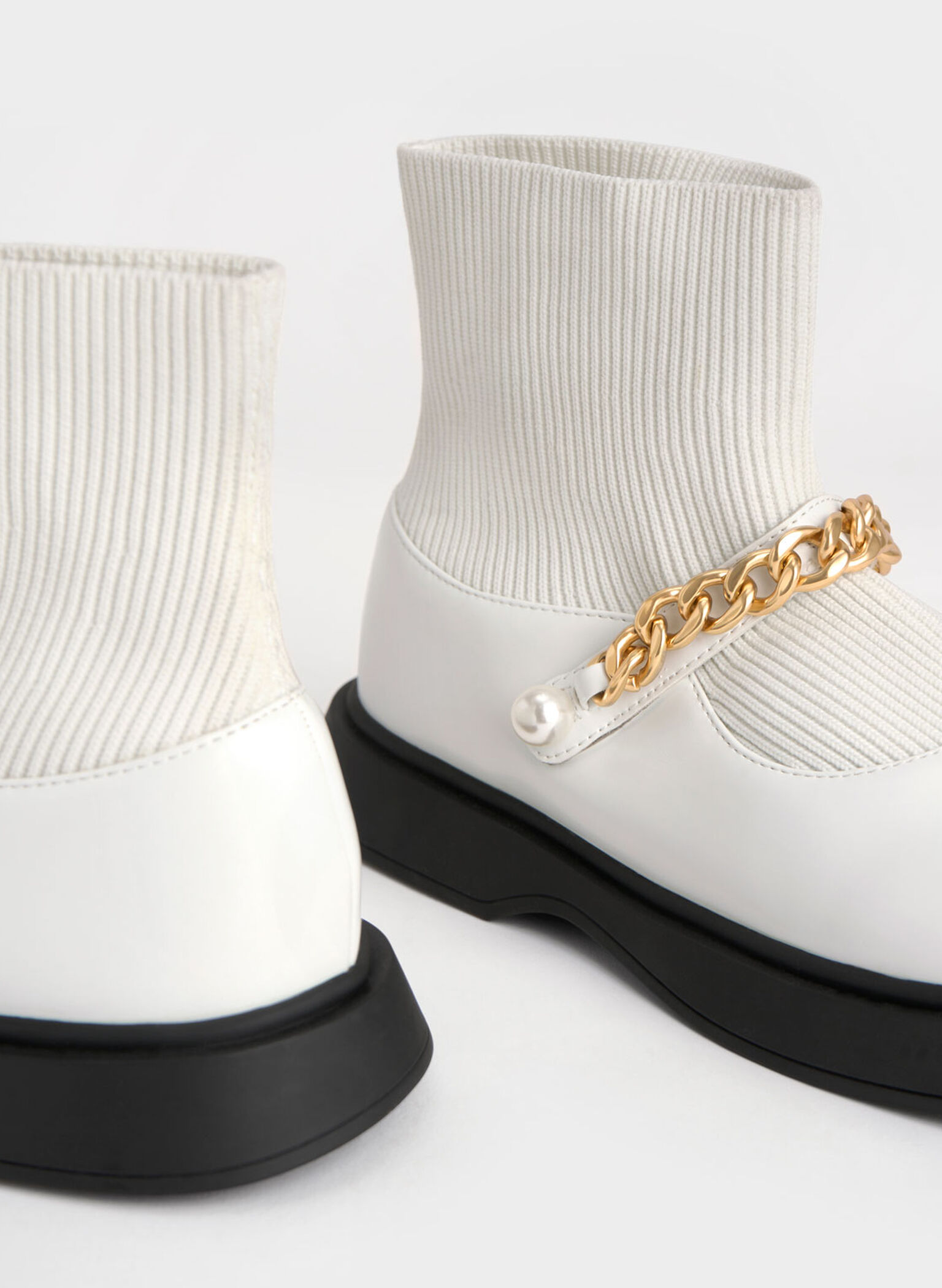 Girls' Chain-Link Knitted Sock Boots, White, hi-res