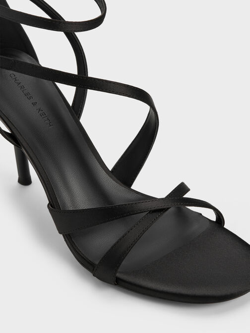 Satin Asymmetric Strappy Heeled Sandals, Black Textured, hi-res