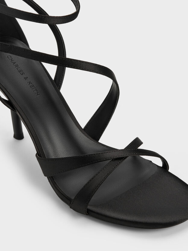Satin Asymmetric Strappy Heeled Sandals, Black Textured, hi-res