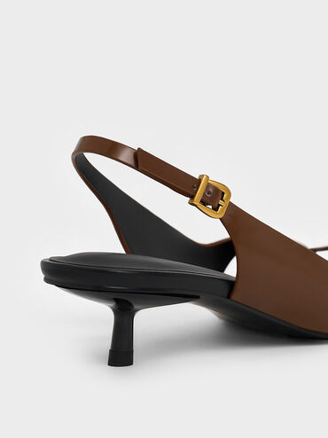 Square-Toe Kitten-Heel Thong Sandals, Brown, hi-res