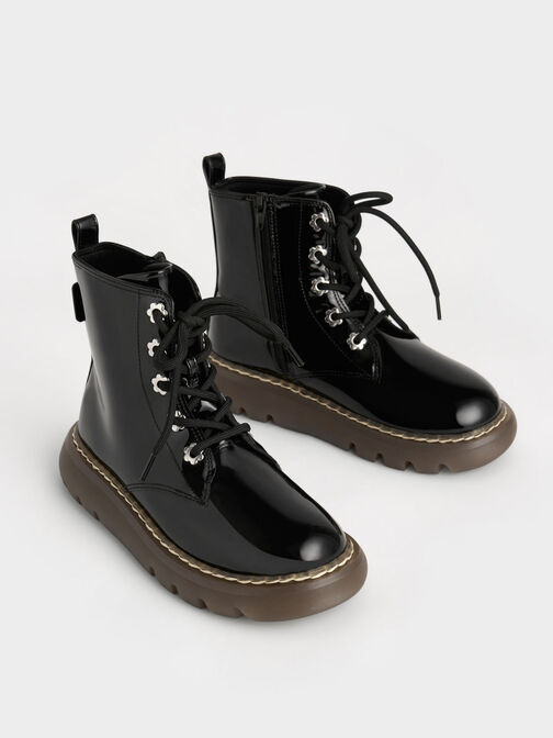 Girls' Patent Lace-Up Boots, Black, hi-res
