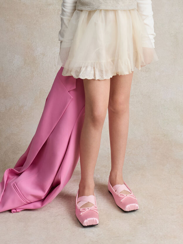 Girls' Satin Crossover Ballet Flats, Light Pink, hi-res