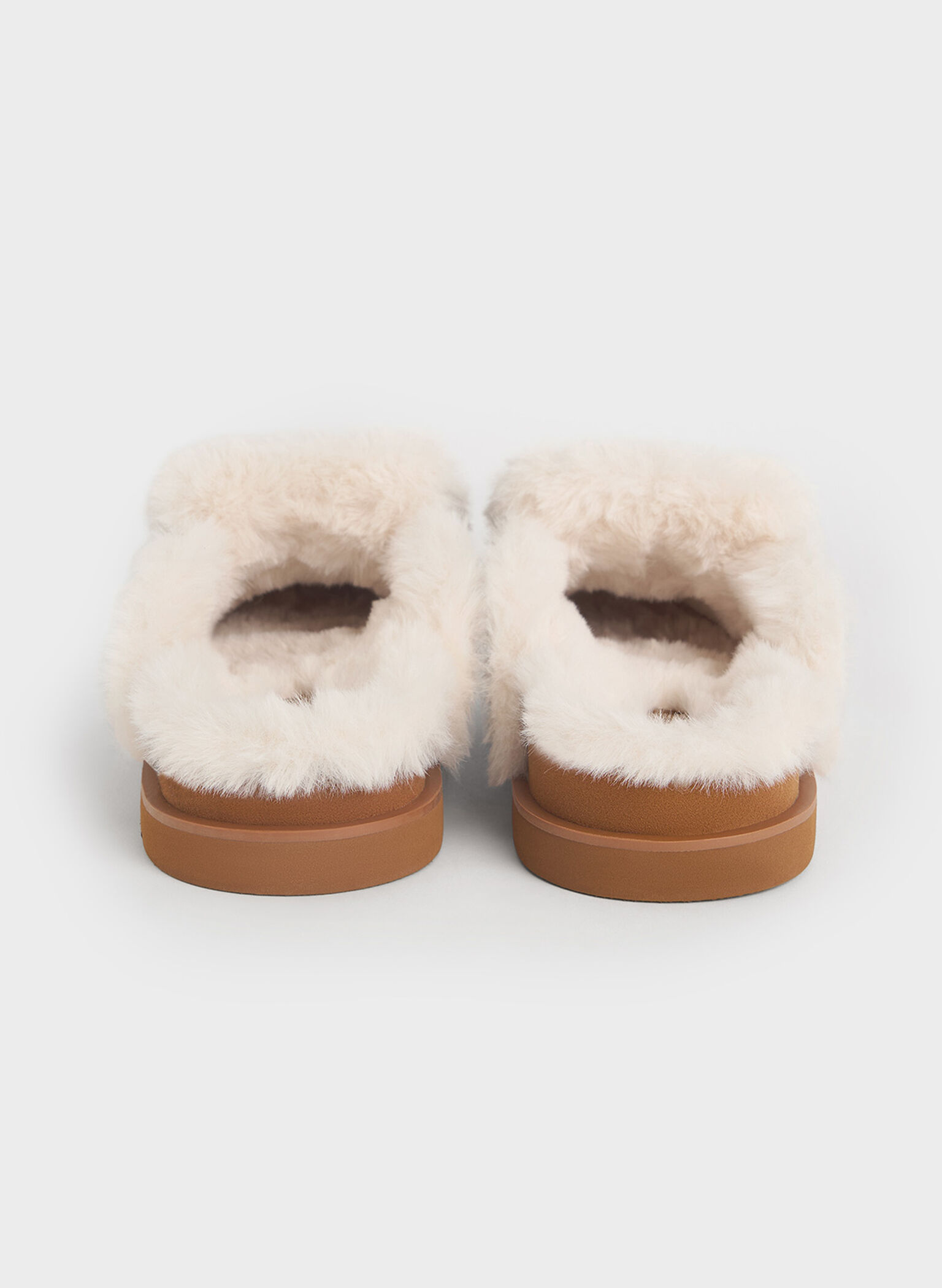 Textured Fur-Trim Flatform Mules, Brown, hi-res