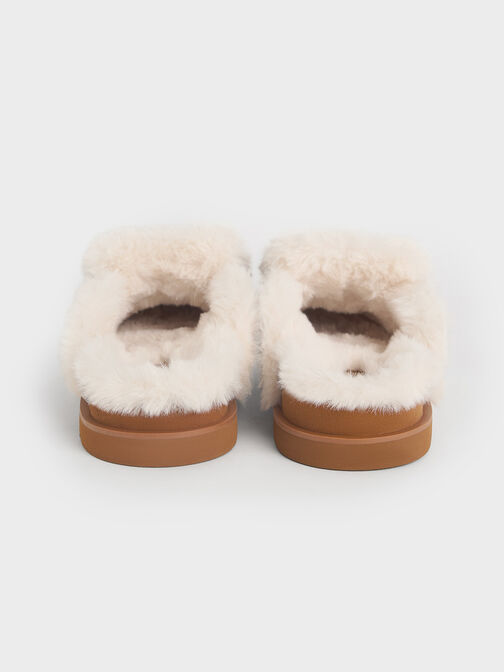 Textured Fur-Trim Flatform Mules, Brown, hi-res