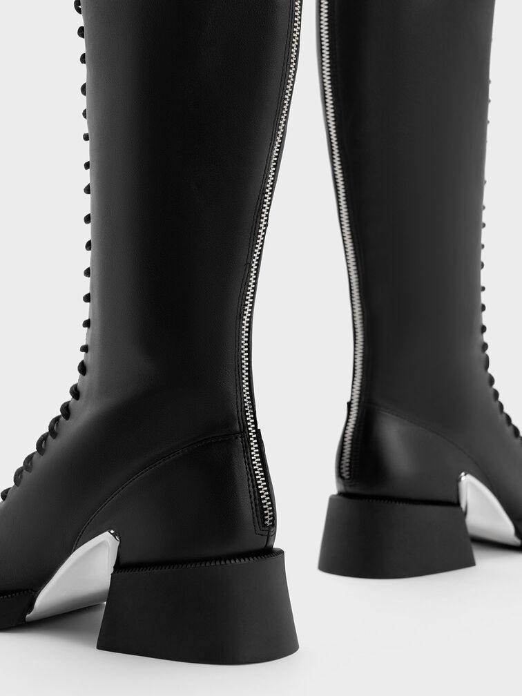 Devon Metallic-Accent Lace-Up Knee-High Boots, Black, hi-res