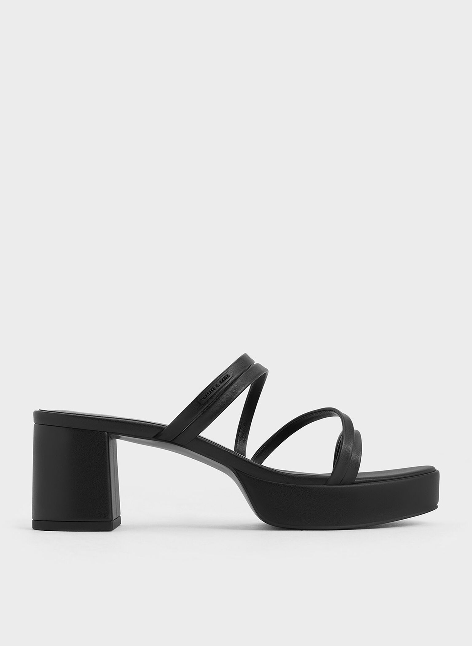Mules de tiras con tacón trapecio, Negro, hi-res