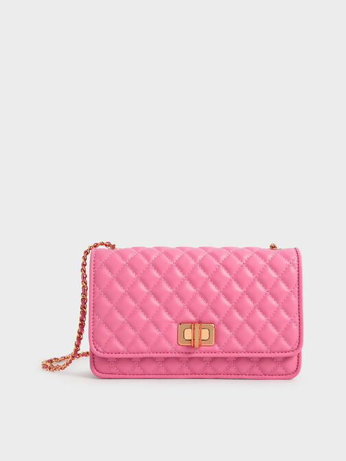 Quilted Turn-Lock Evening Clutch, Pink, hi-res