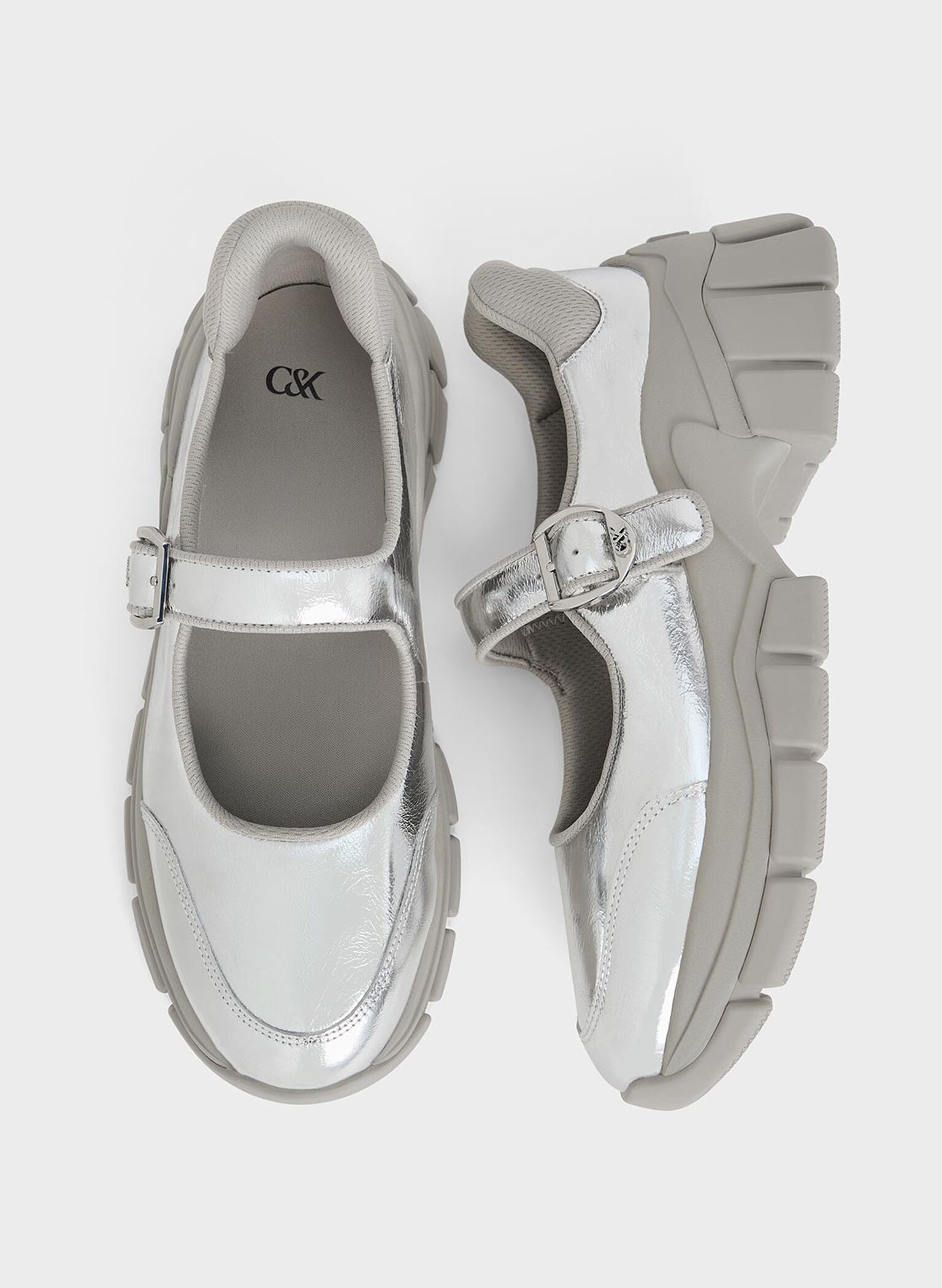 Zapatillas deportivas metalizados Mary Jane de cuero y tejido reciclado Yunna, Plateado, hi-res