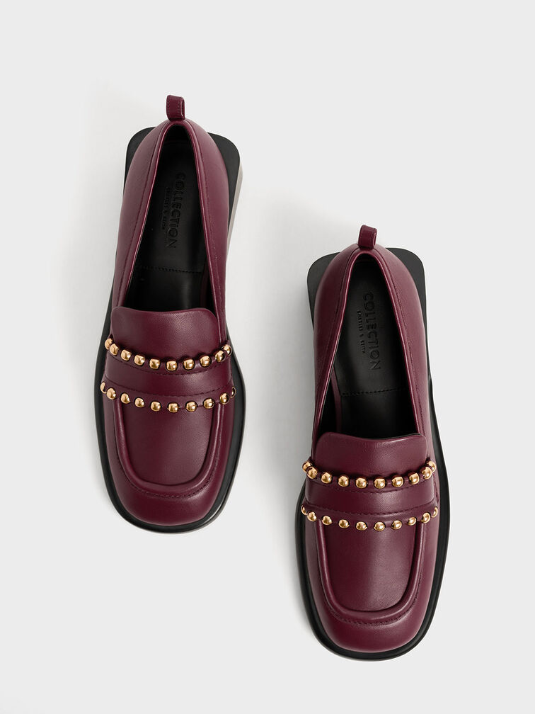 Studded Leather Penny Loafers, Prune, hi-res