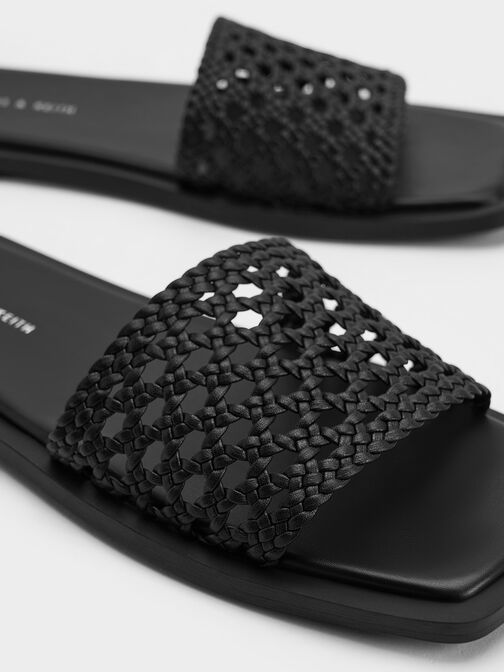 Woven Square-Toe Slides, Black, hi-res