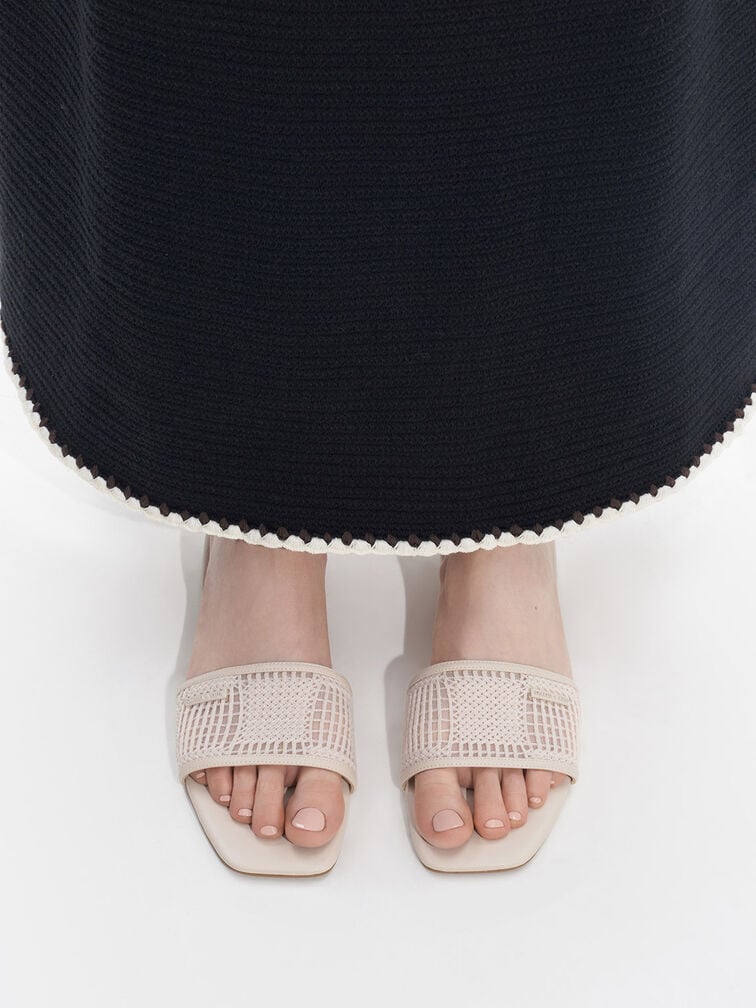Mesh Knitted Slide Sandals, Cream, hi-res