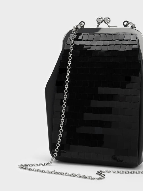 Disc-Embellished Chain Handle Pouch, Black, hi-res