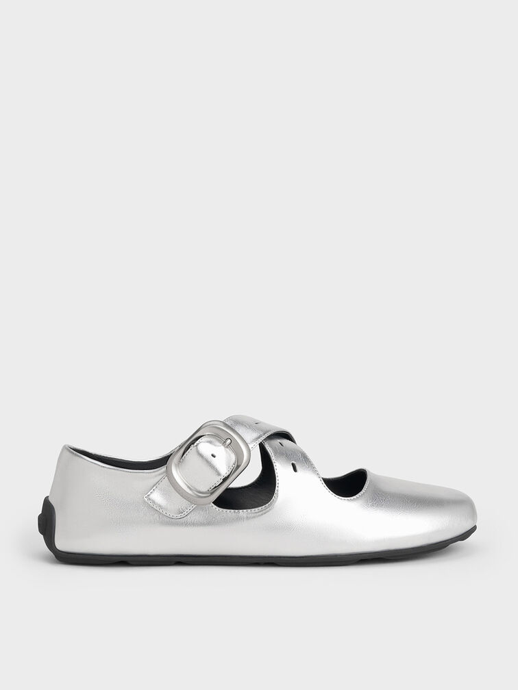 Metallic Crossover-Strap Mary Janes, Silver, hi-res