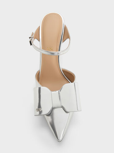 Lu Metallic Leather Bow Blade-Heel Mules, Silver, hi-res