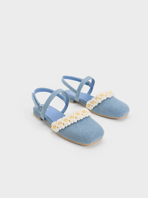 兒童編織小花帶平底鞋, 淺藍色, hi-res