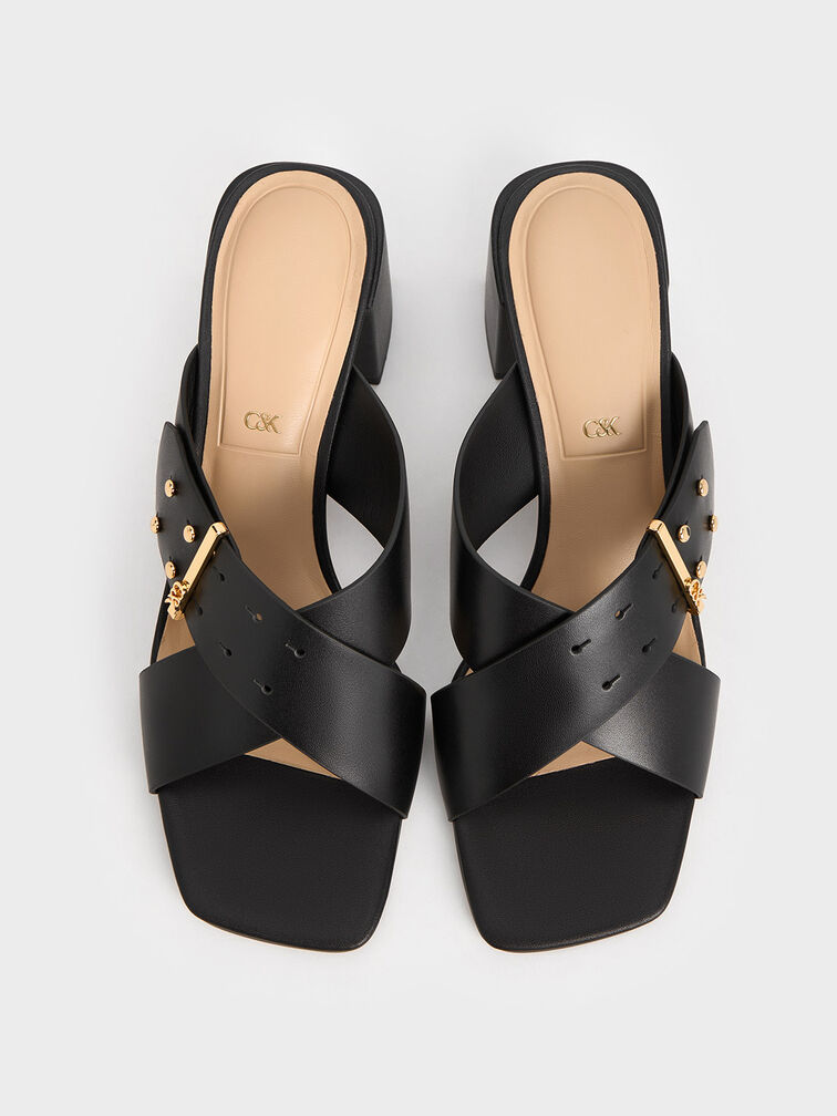 Leather Crossover Block Heel Mules, Black, hi-res