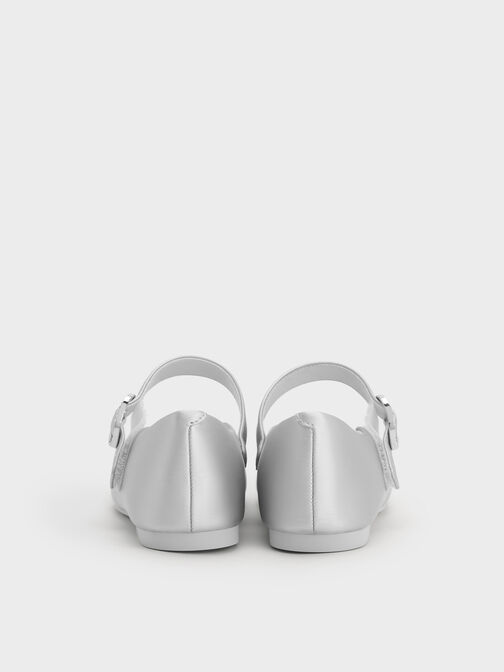 Girls' Pearlescent Crystal-Buckle Square-Toe Mary Jane Flats, Silver, hi-res