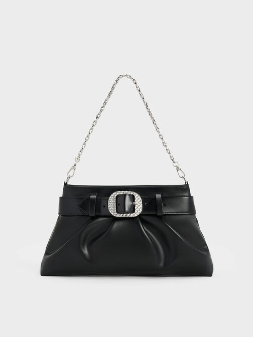 Avis Belted Ruched Shoulder Bag, Noir, hi-res