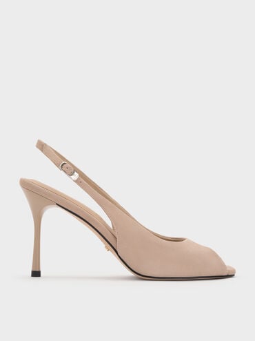 Kyra Suede Peep-Toe Slingback Heels, Taupe, hi-res