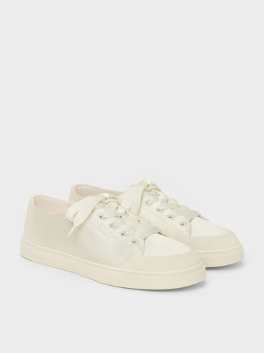Satin Lace-Up Sneakers, White, hi-res