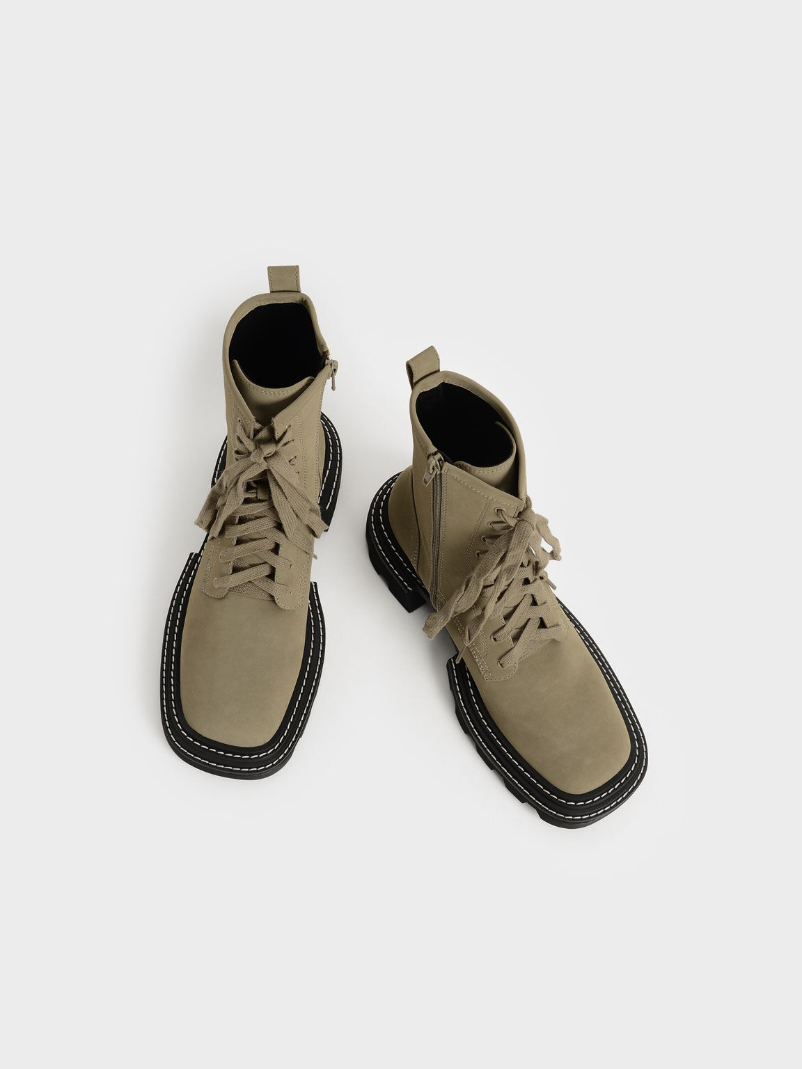 Lace-Up Chunky Ankle Boots, Olive, hi-res
