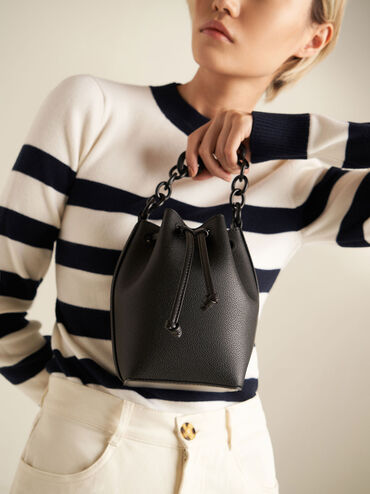 Marlowe Chain-Handle Drawstring Bucket Bag, Black, hi-res