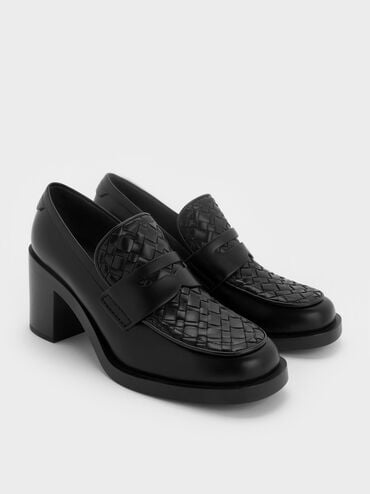 Woven-Detail Penny Loafer Block-Heel Pumps, Black, hi-res
