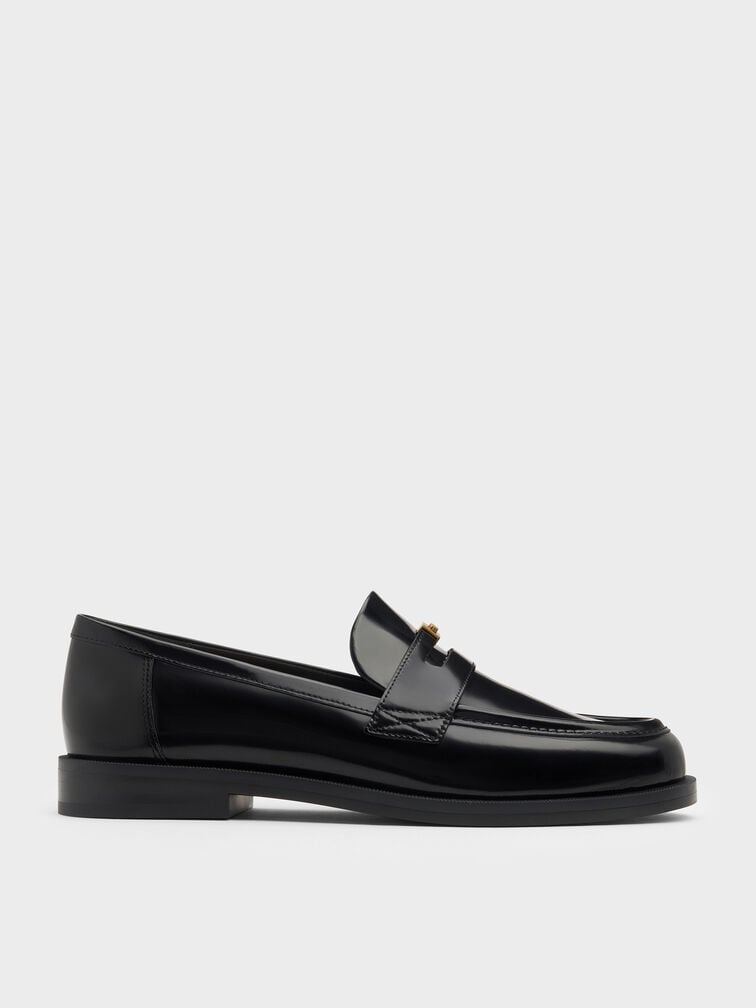 Georgina Leather Metallic-Accent Penny Loafers, Black Box, hi-res