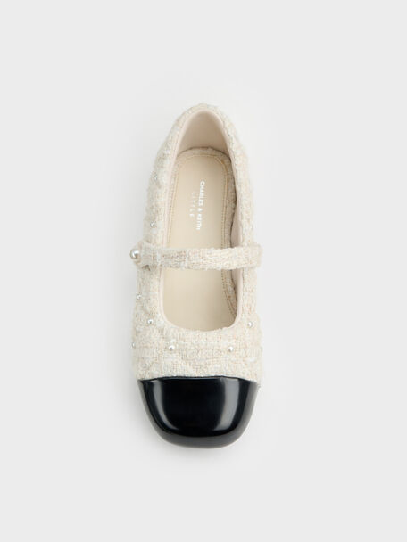 Girls' Tweed Pearl Mary Jane Flats, White, hi-res