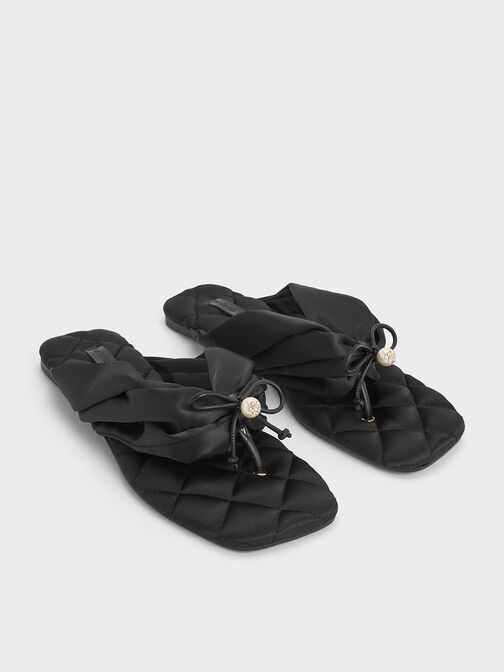 Satin Pearl-Accent Square-Toe Sandals, Negro texturizado, hi-res