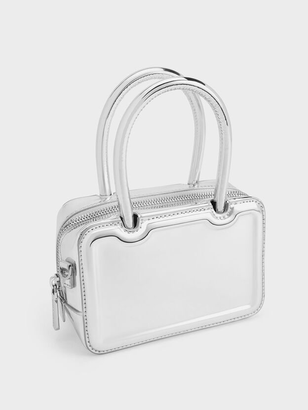 Perline Metallic Elongated Top Handle Bag, Silver, hi-res