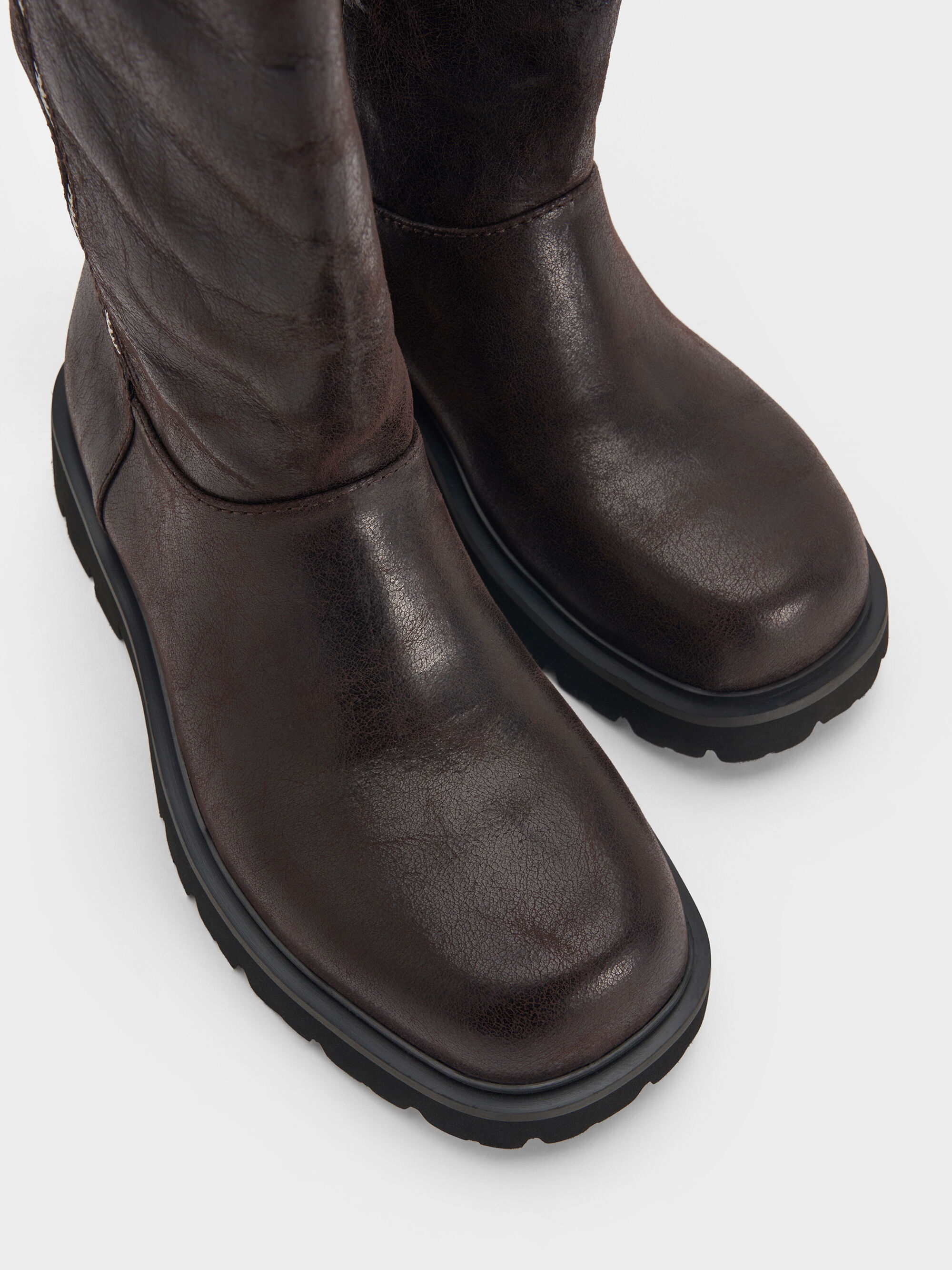 Dark Brown Textured Rosamond Side-Zip Ridged-Sole Knee-High