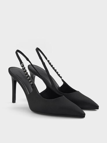 Zapatos de tacón con tira trasera y tiras de gemas, Negro, hi-res
