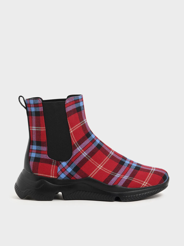 Check Print Chunky Sole Chelsea Boots, Red, hi-res