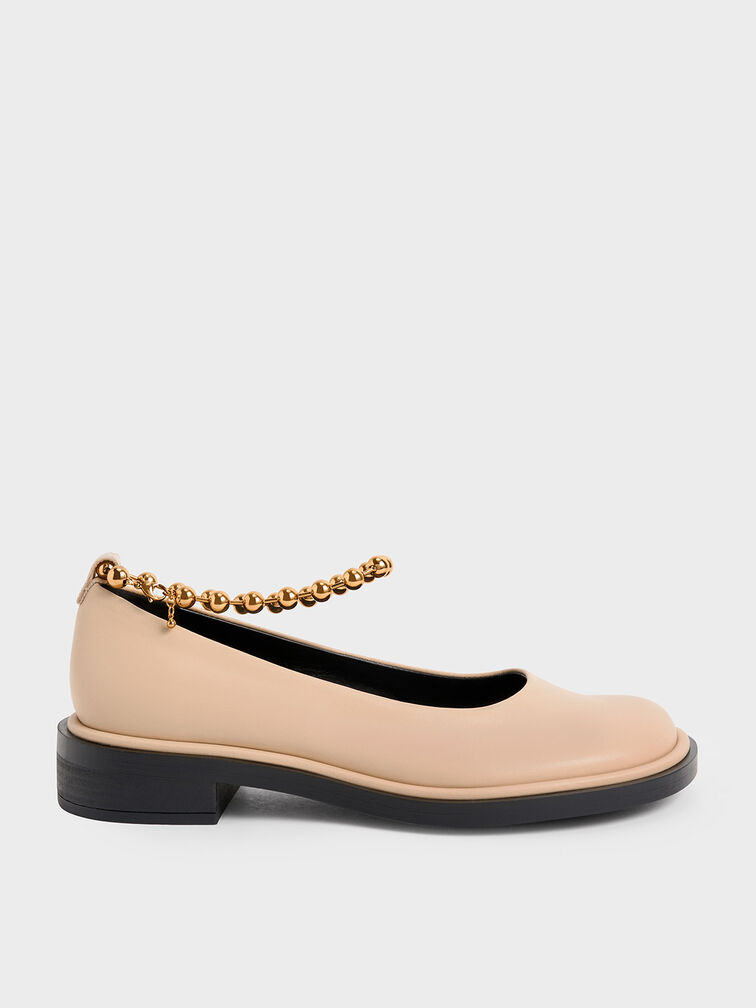 Beaded Ankle-Strap Leather Ballerinas, Sand, hi-res