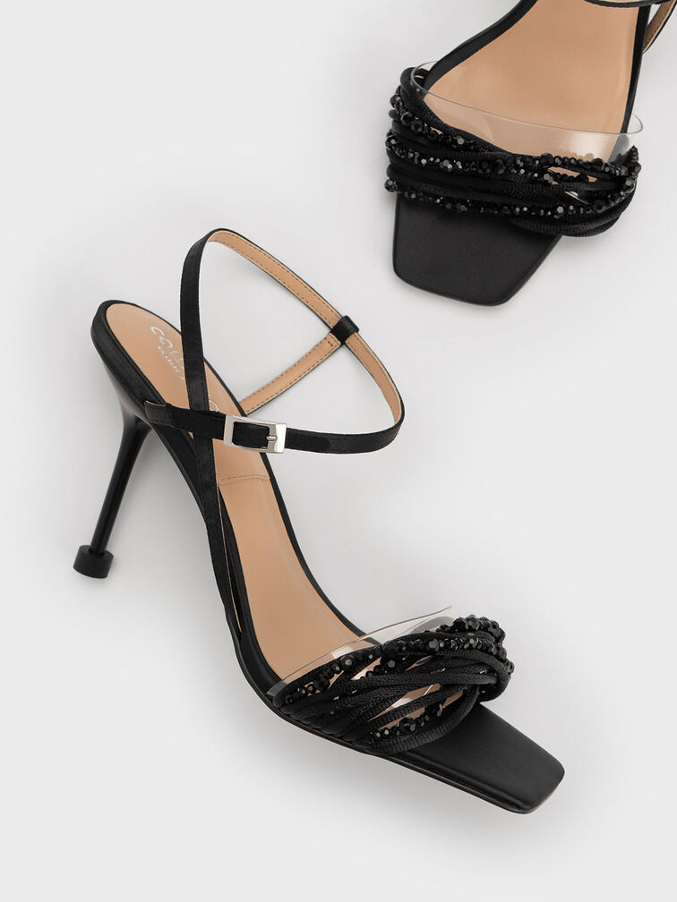 Leda Beaded Asymmetric Recycled Polyester Sandals, Black, hi-res
