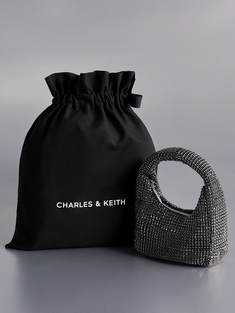 Bolso hobo con adornos de cristal, Noir, hi-res