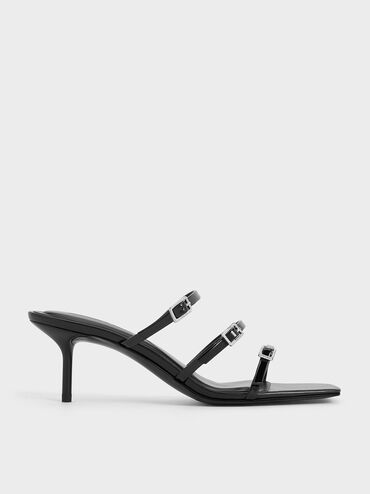 Patent Crystal-Buckle Heeled Mules, Black Patent, hi-res