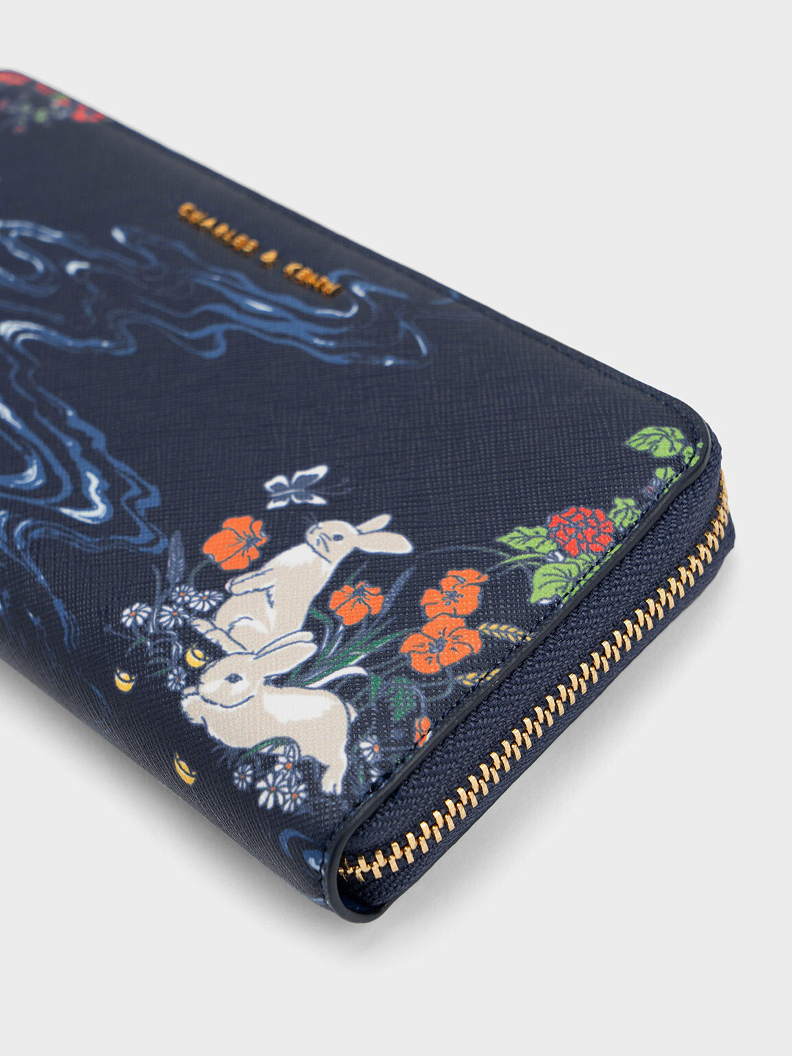 Rabbit Illustrated Long Wallet, Navy, hi-res