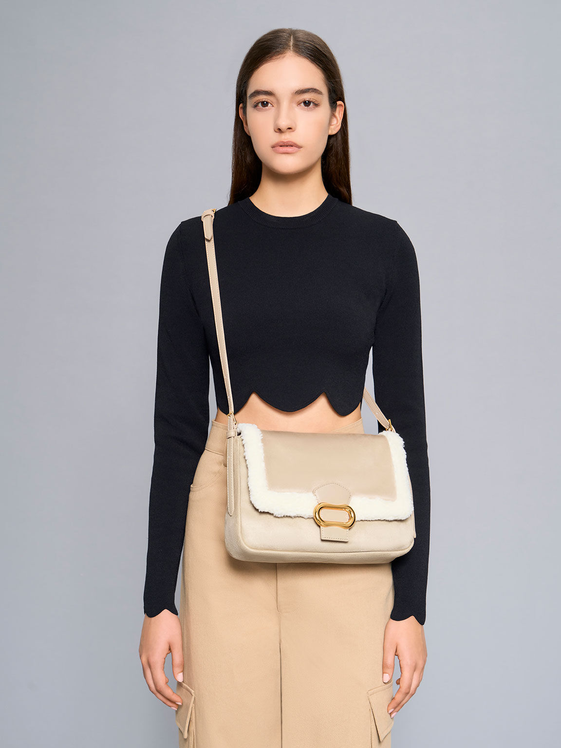 Daki Fur-Trim Belted Trapeze Bag, Beige, hi-res